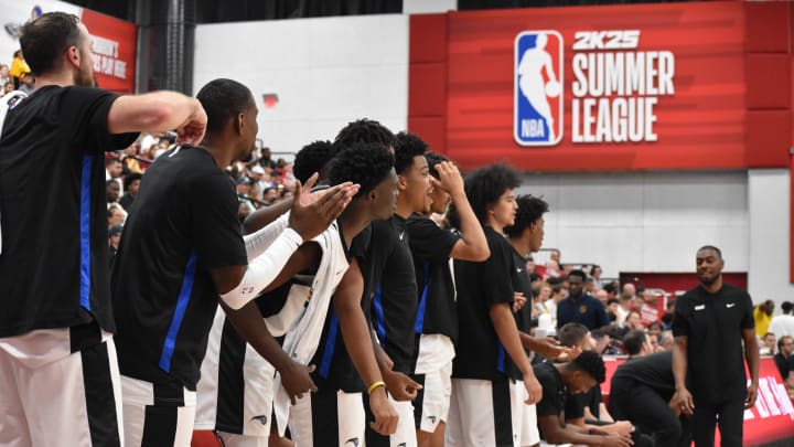 The Orlando Magic bench reacts to a late-in-game call versus the Cavaliers in their first 2K25 Summer League game in Las Vegas.