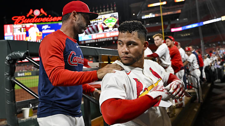 Aug 25, 2025; St. Louis, Missouri, USA;  St. Louis Cardinals designated hitter Willson Contreras (40) walks off the field after he was ejected by umpire Derek Thomas (not pictured) during the seventh inning against the Pittsburgh Pirates at Busch Stadium.