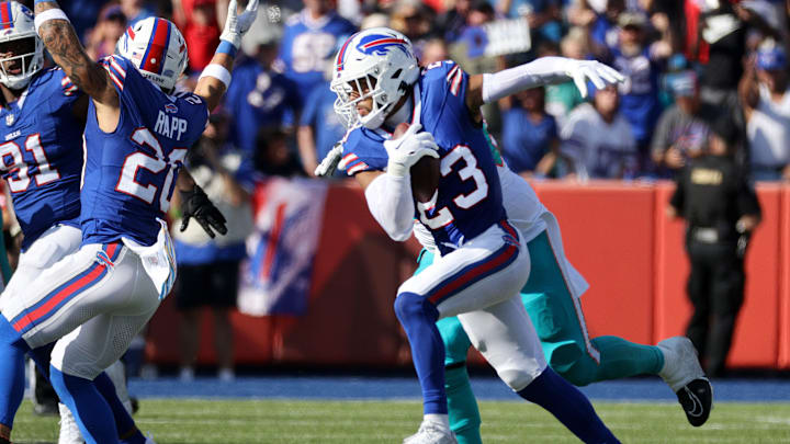Bills safety Micah Hyde intercepts a pass against the Dolphins.