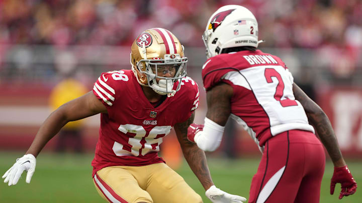 San Francisco 49ers cornerback Deommodore Lenoir (38) vs. Arizona Cardinals wide receiver Marquise Brown (2)