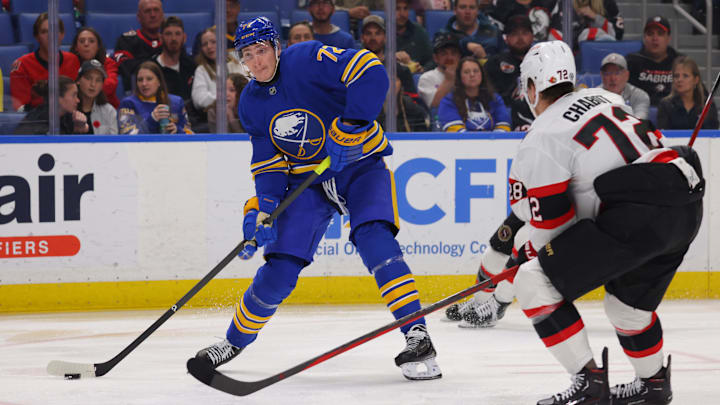 Nov 5, 2024; Buffalo, New York, USA;  Buffalo Sabres center Tage Thompson (72) takes a shot on goal during the second period against the Ottawa Senators at KeyBank Center. Mandatory Credit: Timothy T. Ludwig-Imagn Images