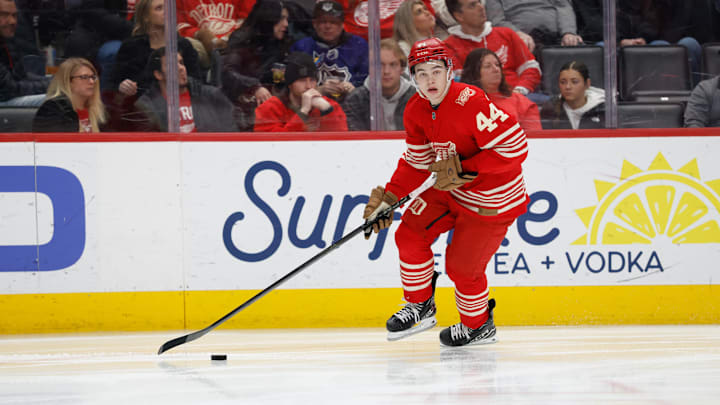 Jan 31, 2026; Detroit, Michigan, USA; Detroit Red Wings defenseman Axel Sandin-Pellikka (44) skates with the puck in the third period against the Colorado Avalanche at Little Caesars Arena. Mandatory Credit: Rick Osentoski-Imagn Images Jan 31, 2026; Detroit, Michigan, USA; Detroit Red Wings defenseman Axel Sandin-Pellikka (44) skates with the puck in the third period against the Colorado Avalanche at Little Caesars Arena. Mandatory Credit: Rick Osentoski-Imagn Images