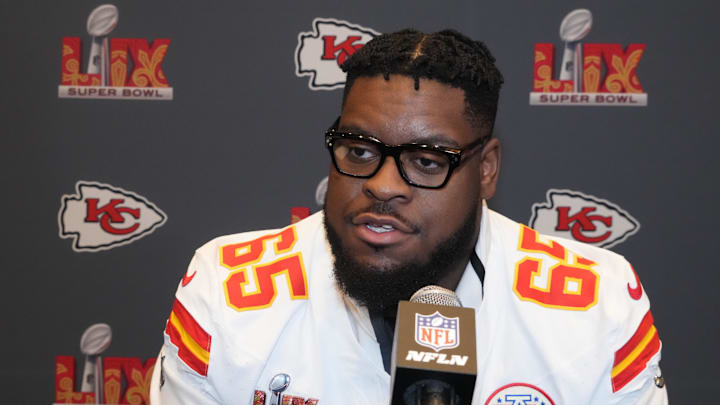 Feb 5, 2025; New Orleans, LA, USA; Kansas City Chiefs guard Trey Smith (65) in a press conference ahead of Super Bowl LIX at New Orleans Marriott. Feb 5, 2025; New Orleans, LA, USA; Kansas City Chiefs guard Trey Smith (65) in a press conference ahead of Super Bowl LIX at New Orleans Marriott.