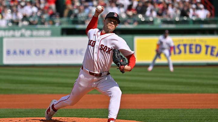 Apr 3, 2026; Boston, Massachusetts, USA; Boston Red Sox starting pitcher Sonny Gray (54) pitches against the San Diego Padres during the first inning at Fenway Park. Mandatory Credit: Eric Canha-Imagn Images