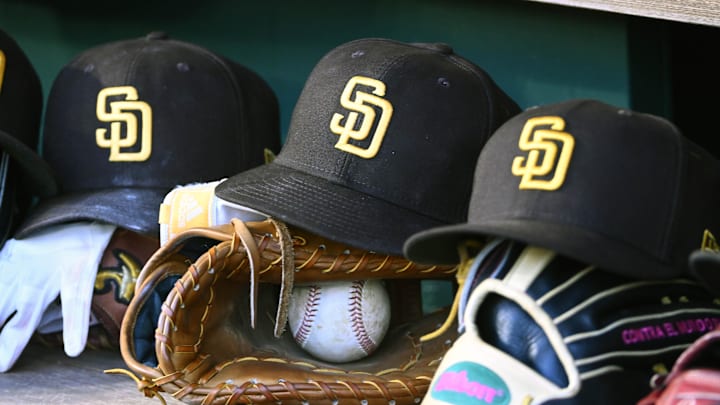 May 24, 2023; Washington, District of Columbia, USA; San Diego Padres hats in the dugout during the game against the Washington Nationals at Nationals Park. Mandatory Credit: Brad Mills-Imagn Images May 24, 2023; Washington, District of Columbia, USA; San Diego Padres hats in the dugout during the game against the Washington Nationals at Nationals Park. Mandatory Credit: Brad Mills-Imagn Images
