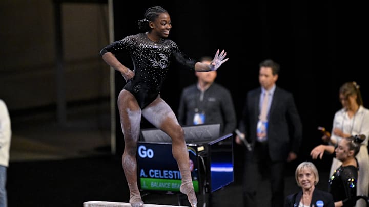 Apr 17, 2025; Fort Worth, TX, USA; Missouri Tigers gymnast Amari Celestine performs on beam during the 2025 Women's National Gymnastics Semifinal at Dickies Arena. Mandatory Credit: Jerome Miron-Imagn Images Apr 17, 2025; Fort Worth, TX, USA; Missouri Tigers gymnast Amari Celestine performs on beam during the 2025 Women's National Gymnastics Semifinal at Dickies Arena. Mandatory Credit: Jerome Miron-Imagn Images