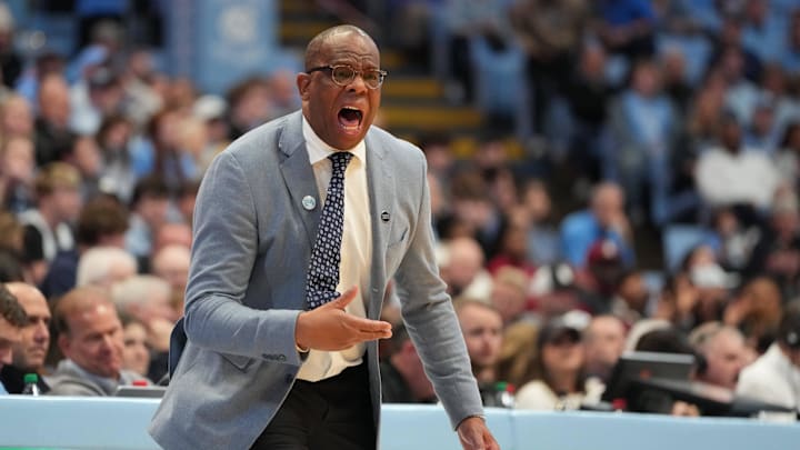 Dec 30, 2025; Chapel Hill, North Carolina, USA; North Carolina Tar Heels head coach Hubert Davis reacts in the first half at Dean E. Smith Center. Mandatory Credit: Bob Donnan-Imagn Images