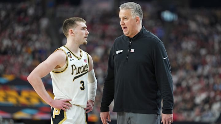 Purdue Boilermakers guard Braden Smith (3) talks with Purdue Boilermakers head coach Matt Painter 