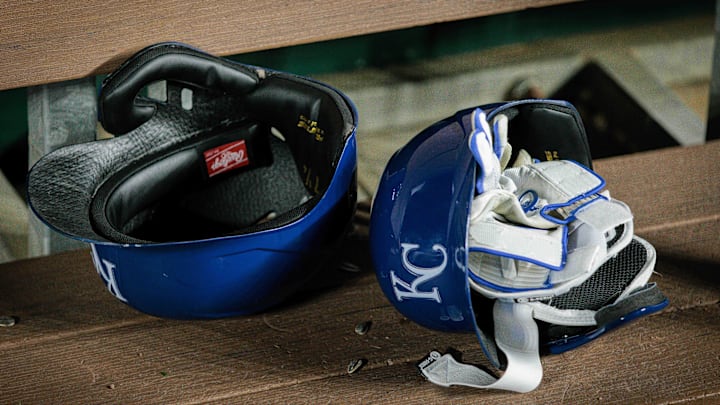 Apr 10, 2024; Kansas City, Missouri, USA; Kansas City Royals batting helmets in the dugout after the game against the Houston Astros at Kauffman Stadium. Mandatory Credit: William Purnell-Imagn Images