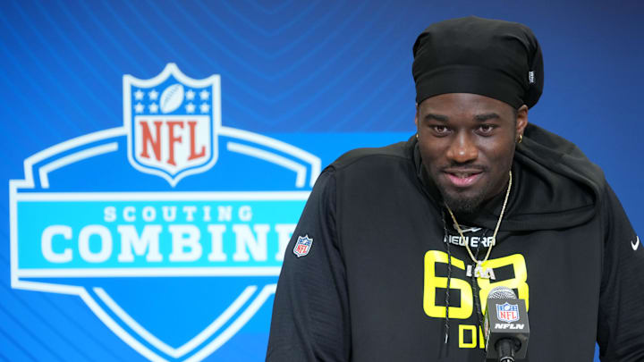 Feb 26, 2025; Indianapolis, IN, USA; Texas A&M defensive lineman Shemar Stewart (DL68) during the 2025 NFL Scouting Combine at the Indiana Convention Center. Mandatory Credit: Kirby Lee-Imagn Images