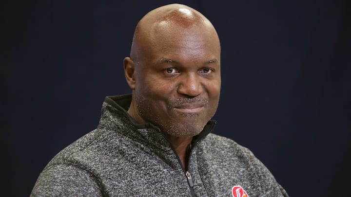 Feb 25, 2025; Indianapolis, IN, USA; Tampa Bay Buccaneers coach Todd Bowles speaks speaks during the NFL Scouting Combine at the Indiana Convention Center. Mandatory Credit: Kirby Lee-Imagn Images