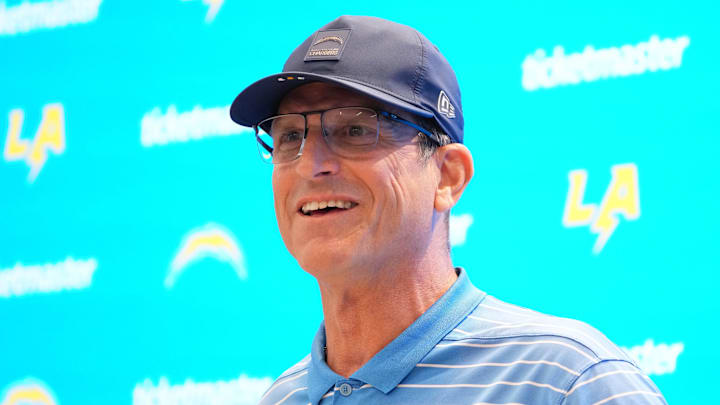 Los Angeles Chargers coach Jim Harbaugh at press conference during training camp at The Bolt. 