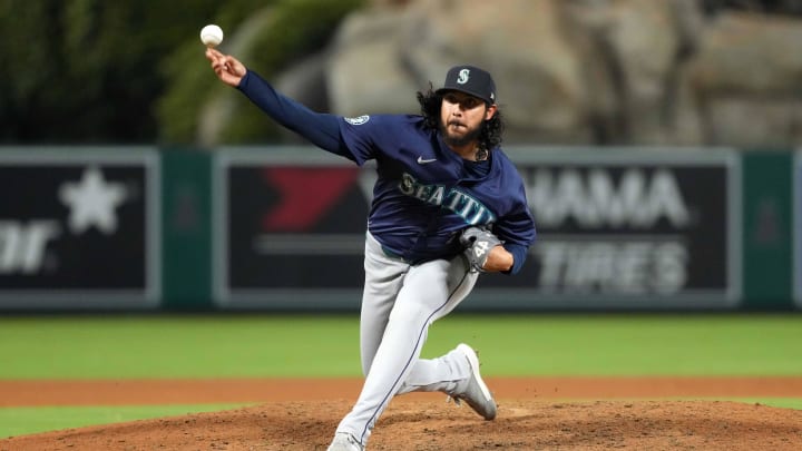 Seattle Mariners relief pitcher Andres Munoz throws against the Los Angeles Angels on Saturday at Angel Stadium.