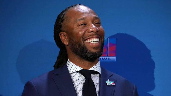 Feb 13, 2023; Phoenix, AZ, USA; Larry Fitzgerald at the Super Bowl Host Committee Handoff press conference at the Phoenix Convention Center. Mandatory Credit: Kirby Lee-Imagn Images