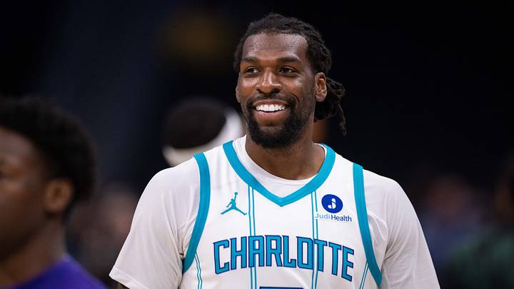 Oct 11, 2026; Charlotte, North Carolina, USA;  Charlotte Hornets center Naz Reid (0) looks on during warm ups against the Milwaukee Bucks at Spectrum Center.  Mandatory Credit: Scott Kinser-Imagn Images