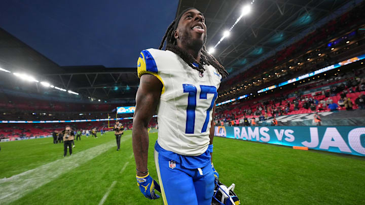 Oct 19, 2025; London, United Kingdom; Los Angeles Rams wide receiver Davante Adams (17) celebrates as he walks off the field after their win against the Jacksonville Jaguars in an NFL International Series game at Wembley Stadium. Mandatory Credit: Kirby Lee-Imagn Images