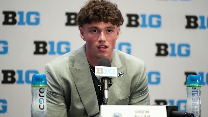 Penn State quarterback Drew Allar speaks to the media during the Big Ten Football Media Days in Las Vegas. Penn State quarterback Drew Allar speaks to the media during the Big Ten Football Media Days in Las Vegas.