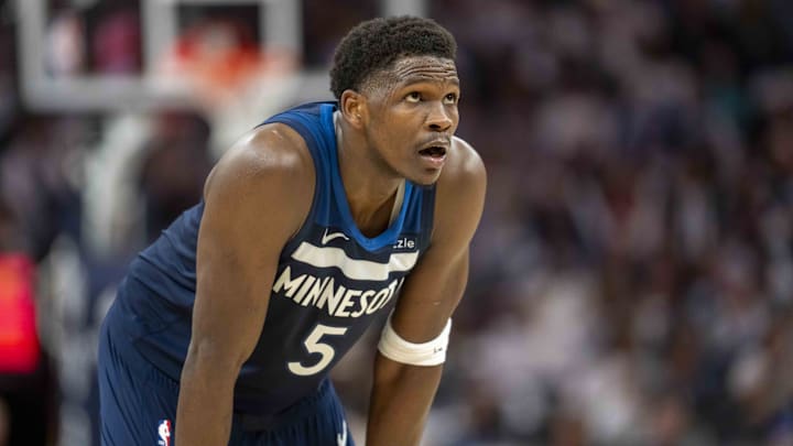 Oct 26, 2024; Minneapolis, Minnesota, USA; Minnesota Timberwolves guard Anthony Edwards (5) looks on against the Toronto Raptors in the second half at Target Center.