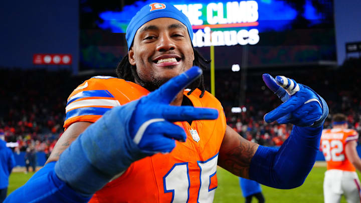 Denver Broncos linebacker Nik Bonitto (15) following the win against the Kansas City Chiefs at Empower Field at Mile High.