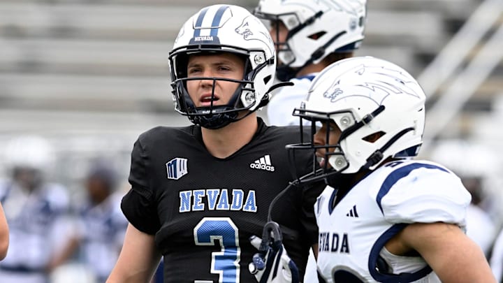 Nevada's Chubba Purdy looks to the sideline between play during the Nevada Silver and Blue Spring Game at Mackay Stadium on Saturday April 13, 2024.