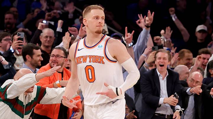 May 6, 2024; New York, New York, USA; New York Knicks guard Donte DiVincenzo (0) celebrates his three point shot against the Indiana Pacers during the fourth quarter of game one of the second round of the 2024 NBA playoffs at Madison Square Garden. Mandatory Credit: Brad Penner-USA TODAY Sports May 6, 2024; New York, New York, USA; New York Knicks guard Donte DiVincenzo (0) celebrates his three point shot against the Indiana Pacers during the fourth quarter of game one of the second round of the 2024 NBA playoffs at Madison Square Garden. Mandatory Credit: Brad Penner-USA TODAY Sports