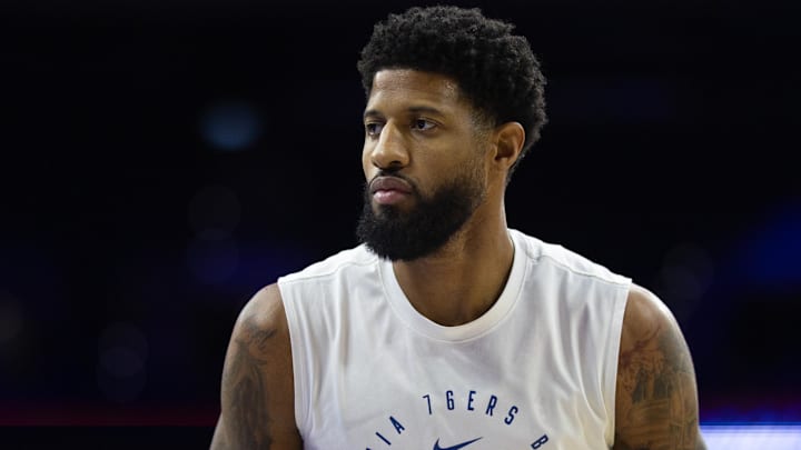 Jan 15, 2025; Philadelphia, Pennsylvania, USA; Philadelphia 76ers forward Paul George (8) warms up before action against the New York Knicks at Wells Fargo Center. Mandatory Credit: Bill Streicher-Imagn Images