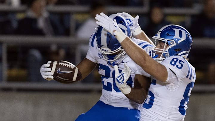 Oct 4, 2025; Berkeley, California, USA; Duke Blue Devils running back Nate Sheppard (20) and tight end Jeremiah Hasley (85) celebrate Sheppard’s touchdown run against the California Golden Bears during the first quarter at California Memorial Stadium. Mandatory Credit: D. Ross Cameron-Imagn Images