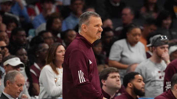 March 21, 2024, Charlotte, NC, USA; Mississippi State Bulldogs head coach Chris Jans reacts against the Michigan State Spartans in the first round of the 2024 NCAA Tournament at the Spectrum Center. Mandatory Credit: Jim Dedmon-USA TODAY Sports