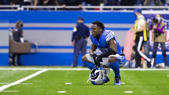 Nov 25, 2021; Detroit, Michigan, USA; Detroit Lions cornerback Jerry Jacobs (39) squats down after the game against the Chicago Bears at Ford Field. Mandatory Credit: Raj Mehta-Imagn Images