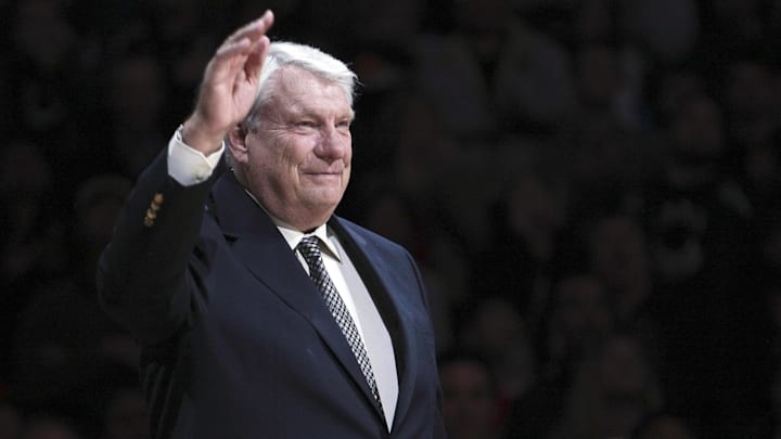 March 19, 2012; Oakland, CA, USA; Golden State Warriors former coach Don Nelson waves to fans during the half time ceremony to retire the #17 jersey of Chris Mullin at Oracle Arena. Mandatory Credit: Kelley L Cox-Imagn Images