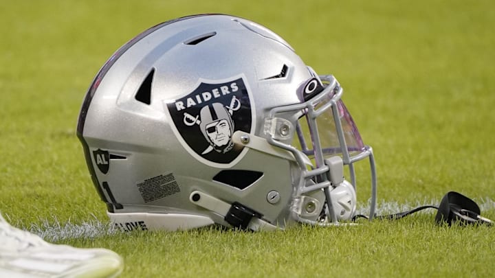 Oct 10, 2022; Kansas City, Missouri, USA; Las Vegas Raiders helmet before the game against Kansas City Chiefs at GEHA Field at Arrowhead Stadium. Mandatory Credit:    Denny Medley-Imagn Images