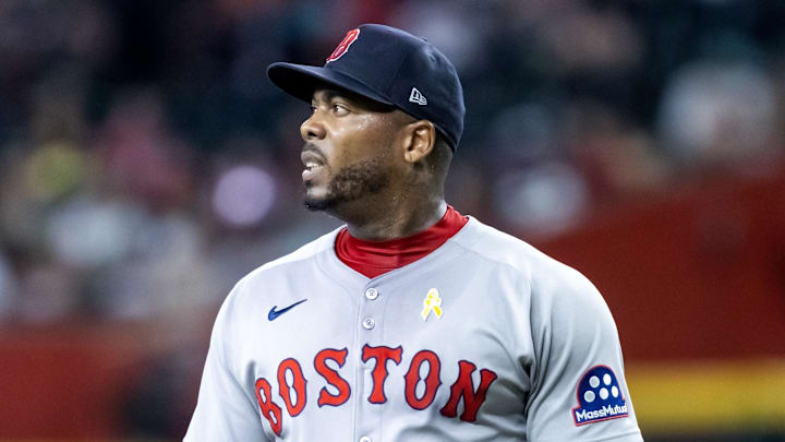 Sep 7, 2025; Phoenix, Arizona, USA; Boston Red Sox pitcher Aroldis Chapman in the ninth inning against the Arizona Diamondbacks at Chase Field. Mandatory Credit: Mark J. Rebilas-Imagn Images Sep 7, 2025; Phoenix, Arizona, USA; Boston Red Sox pitcher Aroldis Chapman in the ninth inning against the Arizona Diamondbacks at Chase Field. Mandatory Credit: Mark J. Rebilas-Imagn Images
