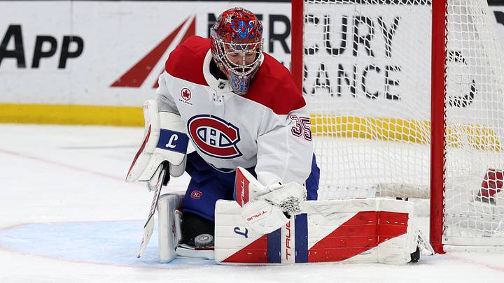 Mar 6, 2026; Anaheim, California, USA;  Montreal Canadiens goaltender Samuel Montembeault (35) makes a save during the second period against the Anaheim Ducks at Honda Center. Mandatory Credit: Kiyoshi Mio-Imagn Images
