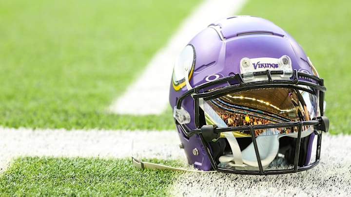 Oct 20, 2024; Minneapolis, Minnesota, USA; A detailed view of Minnesota Vikings wide receiver Justin Jefferson's (18) helmet before the game against the Detroit Lions at U.S. Bank Stadium. Mandatory Credit: Matt Krohn-Imagn Images Oct 20, 2024; Minneapolis, Minnesota, USA; A detailed view of Minnesota Vikings wide receiver Justin Jefferson's (18) helmet before the game against the Detroit Lions at U.S. Bank Stadium. Mandatory Credit: Matt Krohn-Imagn Images