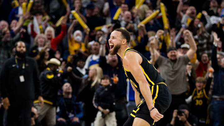 Feb 10, 2024; San Francisco, California, USA; Golden State Warriors guard Stephen Curry (30) reacts after hitting a three-ppont shot in the last second against the Phoenix Suns during the second half at Chase Center. Mandatory Credit: John Hefti-Imagn Images