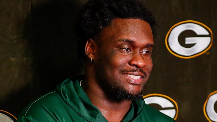 Green Bay Packers rookie offensive tackle Anthony Belton is interviewed by the media during rookie minicamp on Friday, May 2, 2025, at Lambeau Field in Green Bay, Wisconsin. The Packers selected Belton with their second-round pick in the 2025 NFL Draft.