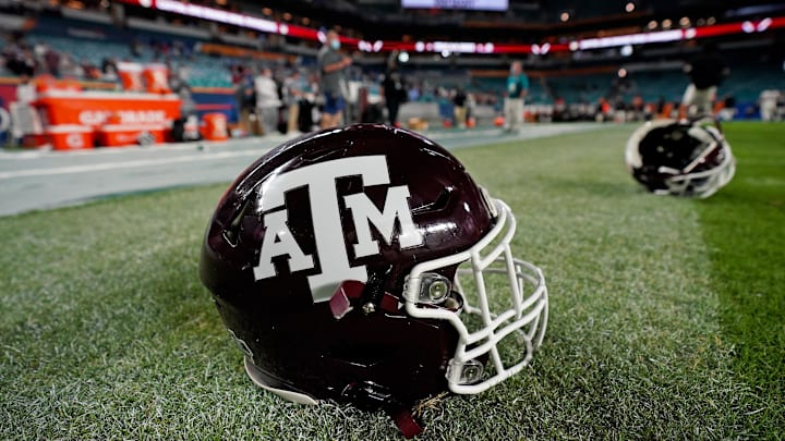 Jan 2, 2021; Miami Gardens, FL, USA; A pair of Texas A&M Aggies helmets on the field after the the Texas A&M Aggies defeated the North Carolina Tar Heels at Hard Rock Stadium. Mandatory Credit: Jasen Vinlove-USA TODAY Sports