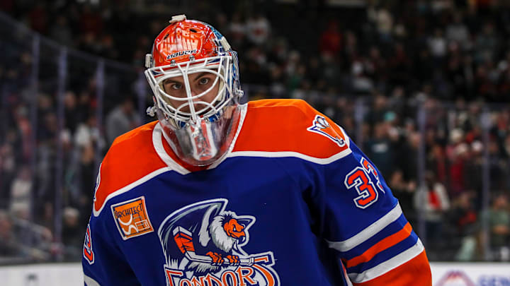 Bakersfield goaltender Olivier Rodrigue (33) skates away from the net to stay loose during a break