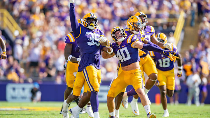 Tigers Saivion Jones 35 and Whit Weeks 40 celebrate after a fumble recovery as the LSU Tigers take on UCLA at Tiger Stadium in Baton Rouge, LA. Saturday, Sept. 21, 2024. Tigers Saivion Jones 35 and Whit Weeks 40 celebrate after a fumble recovery as the LSU Tigers take on UCLA at Tiger Stadium in Baton Rouge, LA. Saturday, Sept. 21, 2024.