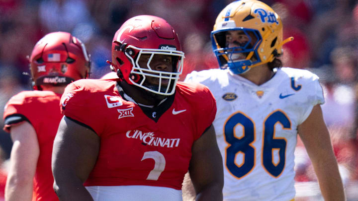 Cincinnati Bearcats defensive tackle Dontay Corleone (2) reacts after making a stop in the second quarter of the College Football game between the Cincinnati Bearcats and the Pittsburgh Panthers at Nippert Stadium in Cincinnati on Saturday, Sept. 7, 2024. Cincinnati Bearcats defensive tackle Dontay Corleone (2) reacts after making a stop in the second quarter of the College Football game between the Cincinnati Bearcats and the Pittsburgh Panthers at Nippert Stadium in Cincinnati on Saturday, Sept. 7, 2024.