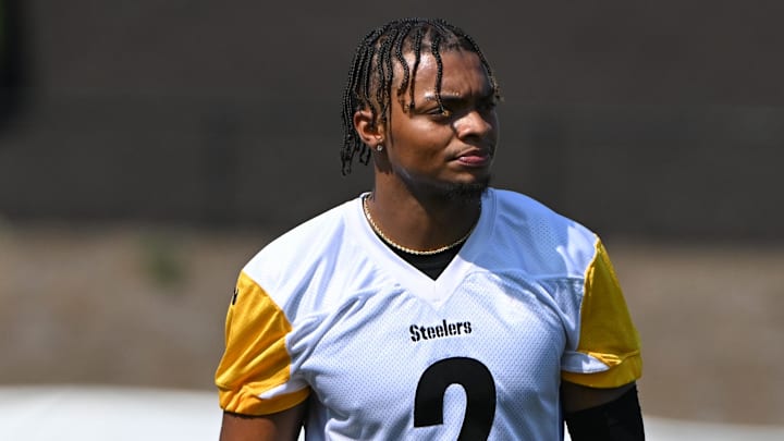 Jul 28, 2024; Latrobe, PA, USA; Pittsburgh Steelers quarterback Justin Fields (2) participates in drills during training camp at Saint Vincent College. Mandatory Credit: Barry Reeger-USA TODAY Sports