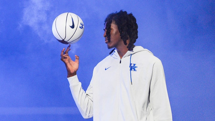 Kentucky Wildcats forward Jayden Quaintance spins a basketball while being introduced at the 2025 Big Blue Madness at Rupp Arena in Lexington, Kentucky Saturday, Oct. 11, 2025.