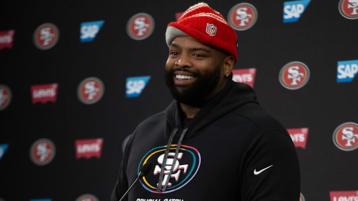 Jun 10, 2025; Santa Clara, CA, USA; San Francisco 49ers offensive tackle Trent Williams speaks to the media following an OTA at Levi's Stadium. Mandatory Credit: D. Ross Cameron-Imagn Images