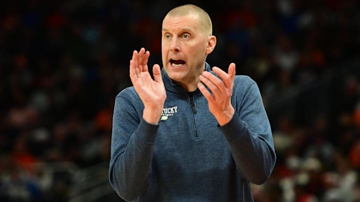 Mar 23, 2025; Milwaukee, WI, USA; Kentucky Wildcats head coach Mark Pope reacts during the second half in the second round of the NCAA Tournament against the Illinois Fighting Illini at Fiserv Forum. Mar 23, 2025; Milwaukee, WI, USA; Kentucky Wildcats head coach Mark Pope reacts during the second half in the second round of the NCAA Tournament against the Illinois Fighting Illini at Fiserv Forum.