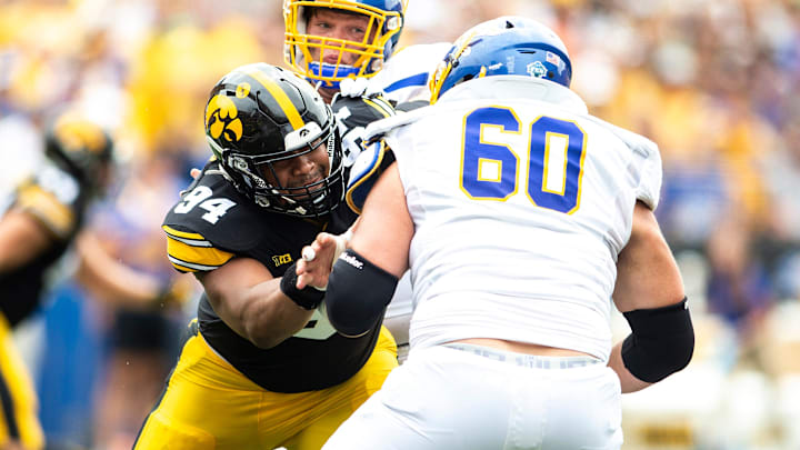 Iowa defensive lineman Yahya Black (94) blocks against South Dakota State offensive lineman Mason