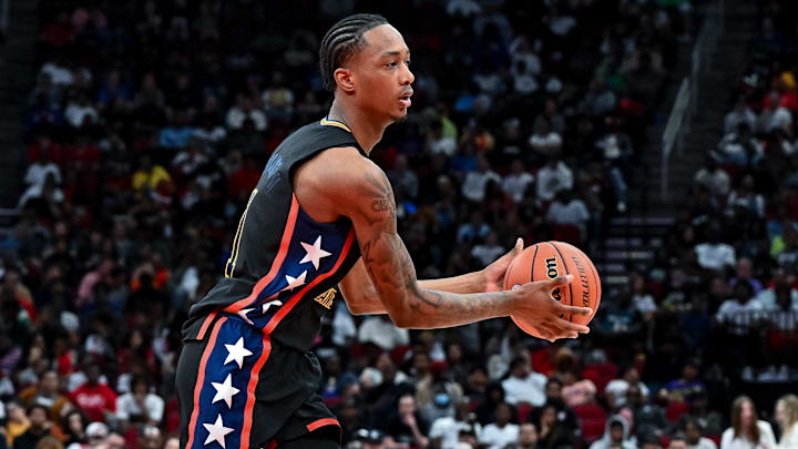 Mar 28, 2023; Houston, TX, USA; McDonald's All American West forward Ron Holland (1) in action during the first half against the McDonald's All American East at Toyota Center. Mandatory Credit: Maria Lysaker-USA TODAY Sports