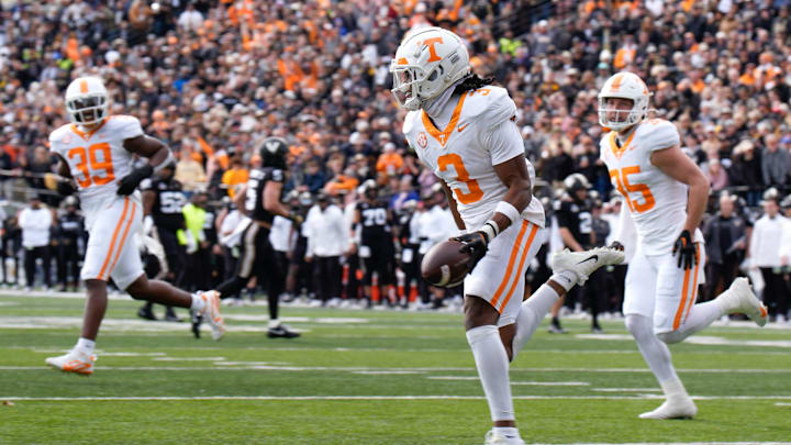 Tennessee defensive back Jermod McCoy (3) reacts after gaining control of a fumble during the second quarter at FirstBank Stadium in Nashville, Tenn., Saturday, Nov. 30, 2024.