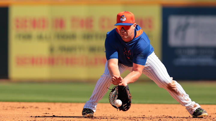 Feb 17, 2025; Port St. Lucie, FL, USA; New York Mets first baseman Pete Alonso (20) practices during a spring training workout at Clover Park. Feb 17, 2025; Port St. Lucie, FL, USA; New York Mets first baseman Pete Alonso (20) practices during a spring training workout at Clover Park.