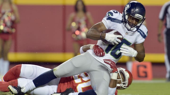 Aug 21, 2015; Kansas City, MO, USA; Seattle Seahawks wide receiver Tyler Lockett (16) is tackled by Kansas City Chiefs cornerback Steven Nelson (20) during the second half at Arrowhead Stadium. The Chiefs won 14-13. Mandatory Credit: Denny Medley-Imagn Images