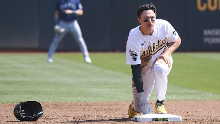 Sep 20, 2023; Oakland, California, USA; Oakland Athletics second baseman Zack Gelof (20) looks on